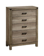 Front view of Matteo 5-drawer chest in black melamine with wood and metal accents
