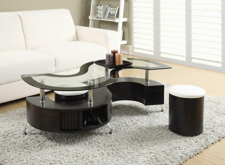 Buckley coffee table with glass top and chrome accents, front view