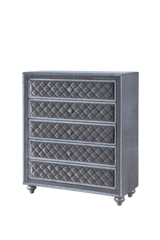 Cameo Gray Chest with 5 Drawers, front view showing nickel knobs