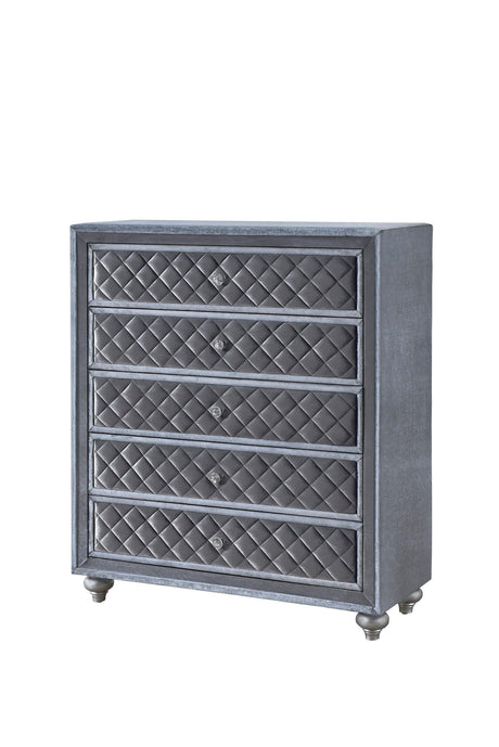 Cameo Gray Chest with 5 Drawers, front view showing nickel knobs