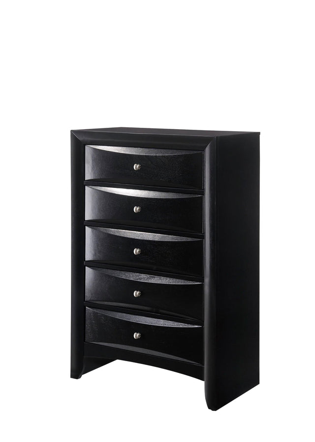 Black Emily Chest with 5 drawers and silver nickel knobs, front view