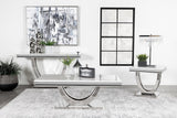Adabella U-base square end table with white engineered stone top and polished chrome base front view