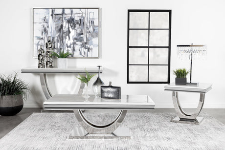 Adabella U-base square end table with white engineered stone top and polished chrome base front view