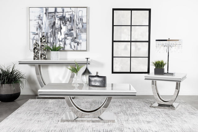 Adabella U-base square end table with white engineered stone top and polished chrome base front view
