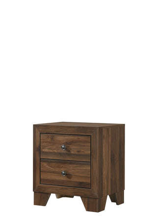 Millie Nightstand Brown Cherry front angle showing two drawers and nickel knobs
