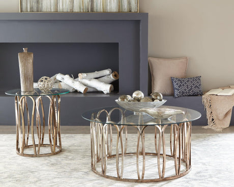 Monett round end table side view with chocolate chrome base and clear glass top