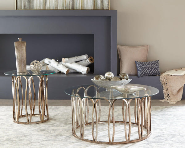 Monett round end table side view with chocolate chrome base and clear glass top