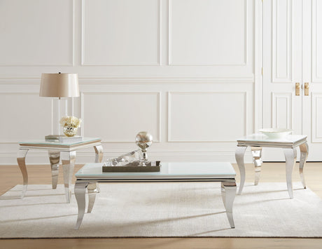 Luna Square End Table with white tempered glass top, front angle
