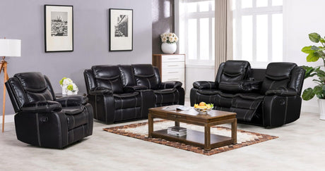 Reno Black reclining sofa with drop-down table and power outlet