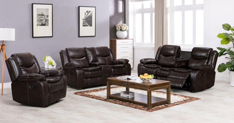 Reno Brown 2-piece or 3-piece reclining set with sofa and loveseat from front angle