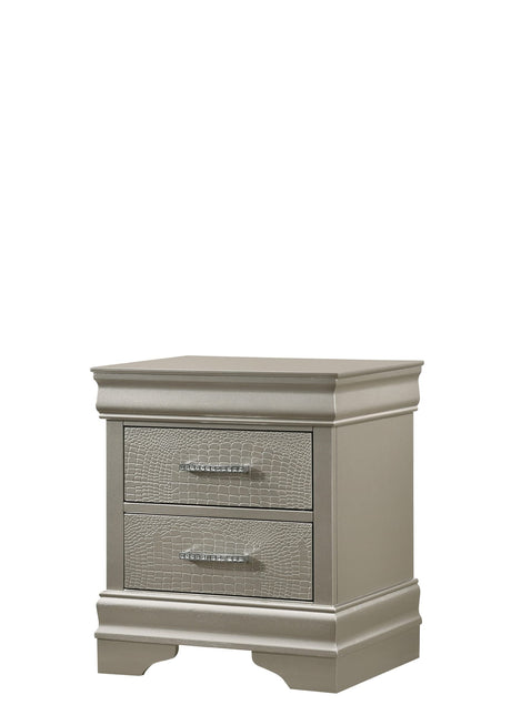 Amalia Silver Night Stand, front view showing two drawers and wood-metal finish