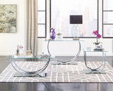 Front view of Danville U-Shaped Coffee Table with clear beveled glass top and chrome frame