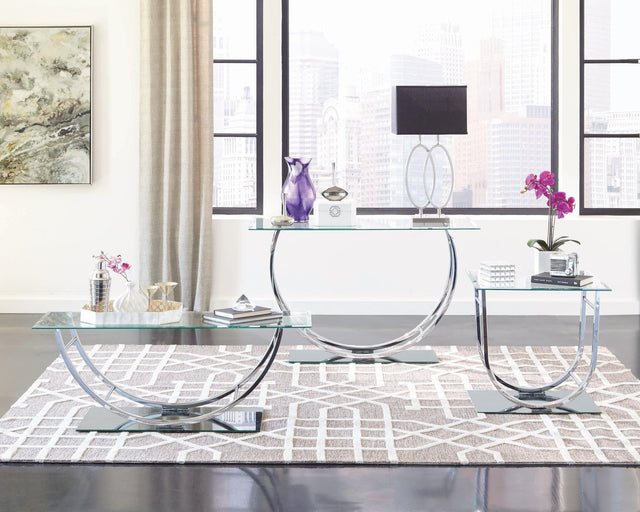 Front view of Danville U-Shaped Coffee Table with clear beveled glass top and chrome frame