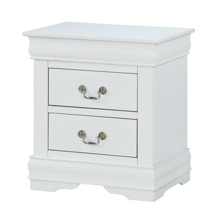 Louis Philip white nightstand with two pewter bail drawers, front angle