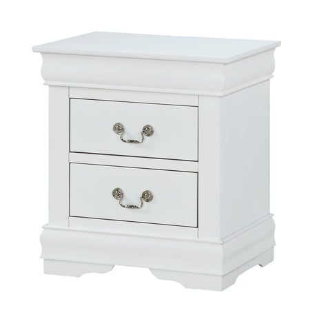 Louis Philip white nightstand with two pewter bail drawers, front angle