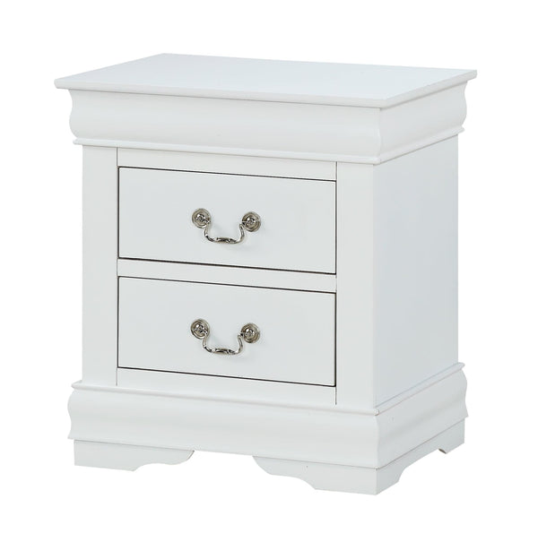 Louis Philip white nightstand with two pewter bail drawers, front angle