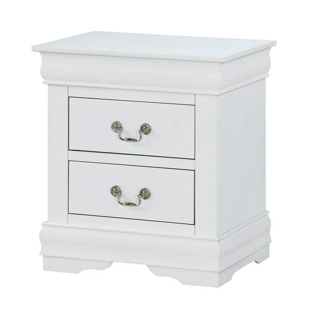 Louis Philip white nightstand with two pewter bail drawers, front angle