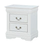 Louis Philip white nightstand with two pewter bail drawers, front angle