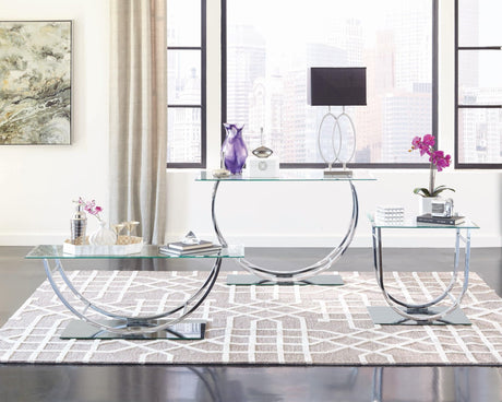 Danville U-Shaped Chrome End Table front angle showing glass top