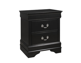 Louis Philip black nightstand with pewter bail hardware, front angle