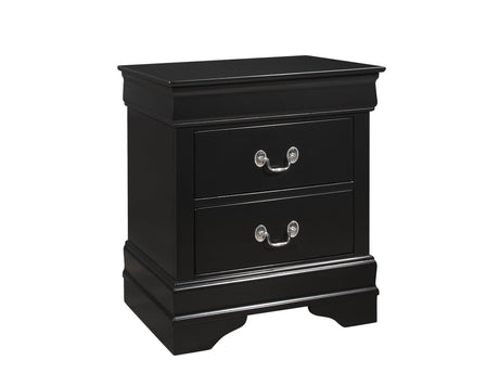 Louis Philip black nightstand with pewter bail hardware, front angle