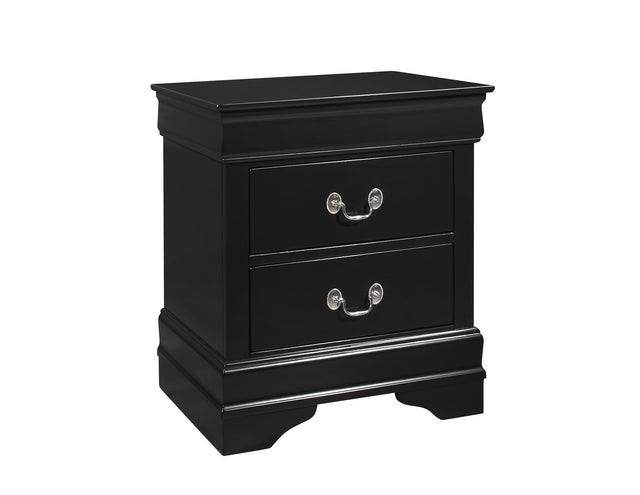 Louis Philip black nightstand with pewter bail hardware, front angle