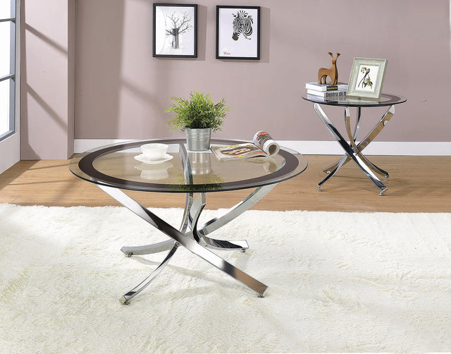 Brooke Glass Top Coffee Table, top view showing black glass surface and chrome frame