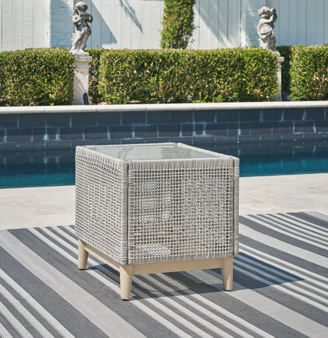 Seton Creek Gray resin wicker outdoor end table, front angle