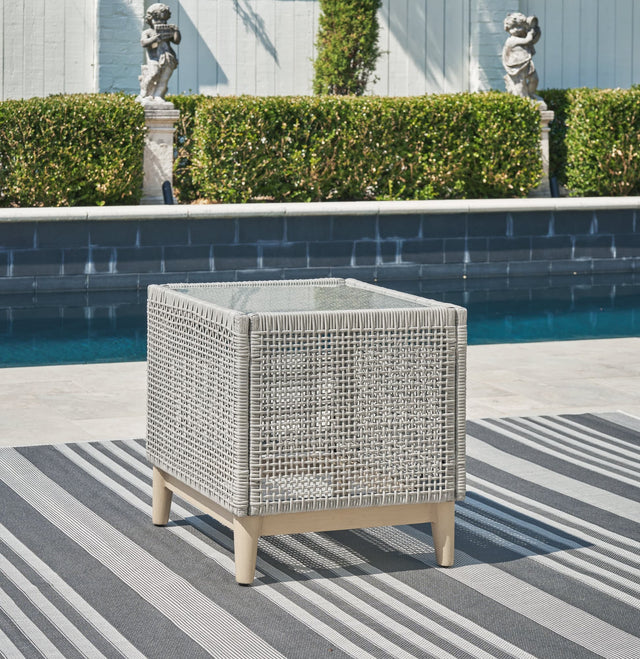 Seton Creek Gray resin wicker outdoor end table, front angle