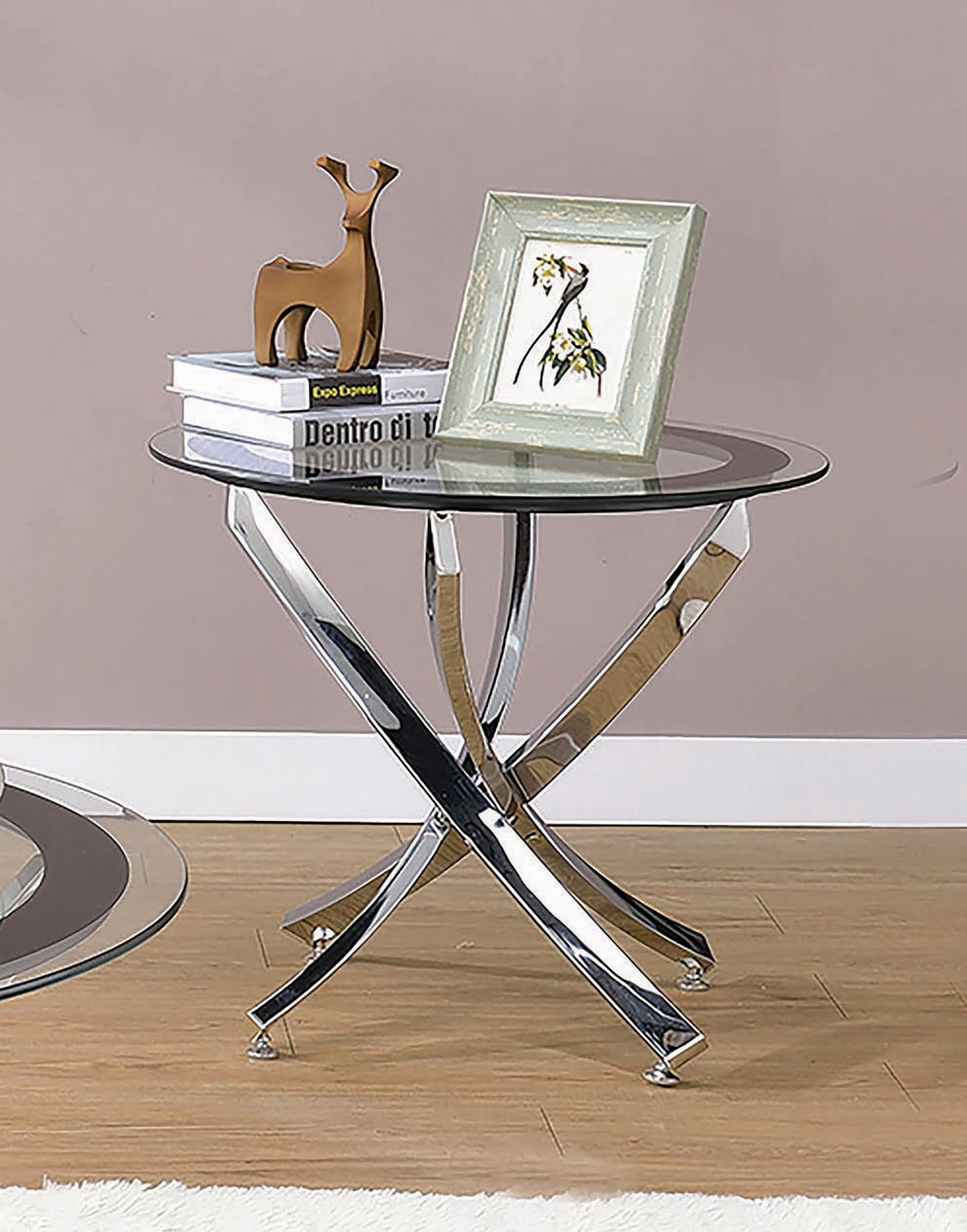 Brooke Chrome and Black Glass Top End Table front angle showing curved edges