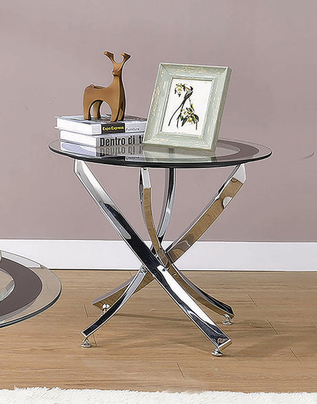 Brooke Chrome and Black Glass Top End Table front angle showing curved edges
