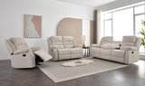 Dynamo2 Sand reclining sofa with drop-down console and cupholders front view