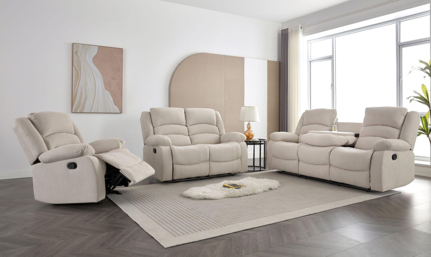 Dynamo2 Sand reclining sofa with drop-down console and cupholders front view