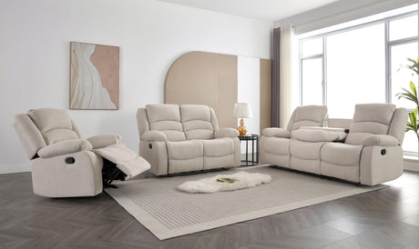 Dynamo2 Sand reclining sofa with drop-down console and cupholders front view