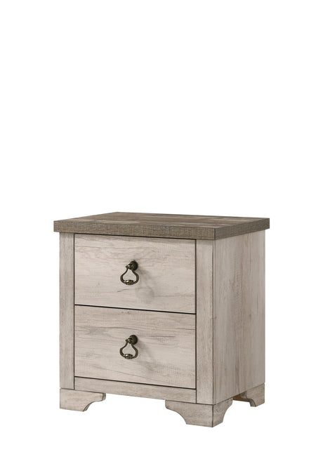 Patterson Night Stand driftwood finish front view with metal ring drawer pulls