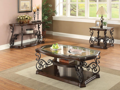 Laney End Table deep merlot finish with clear tempered glass top front angle