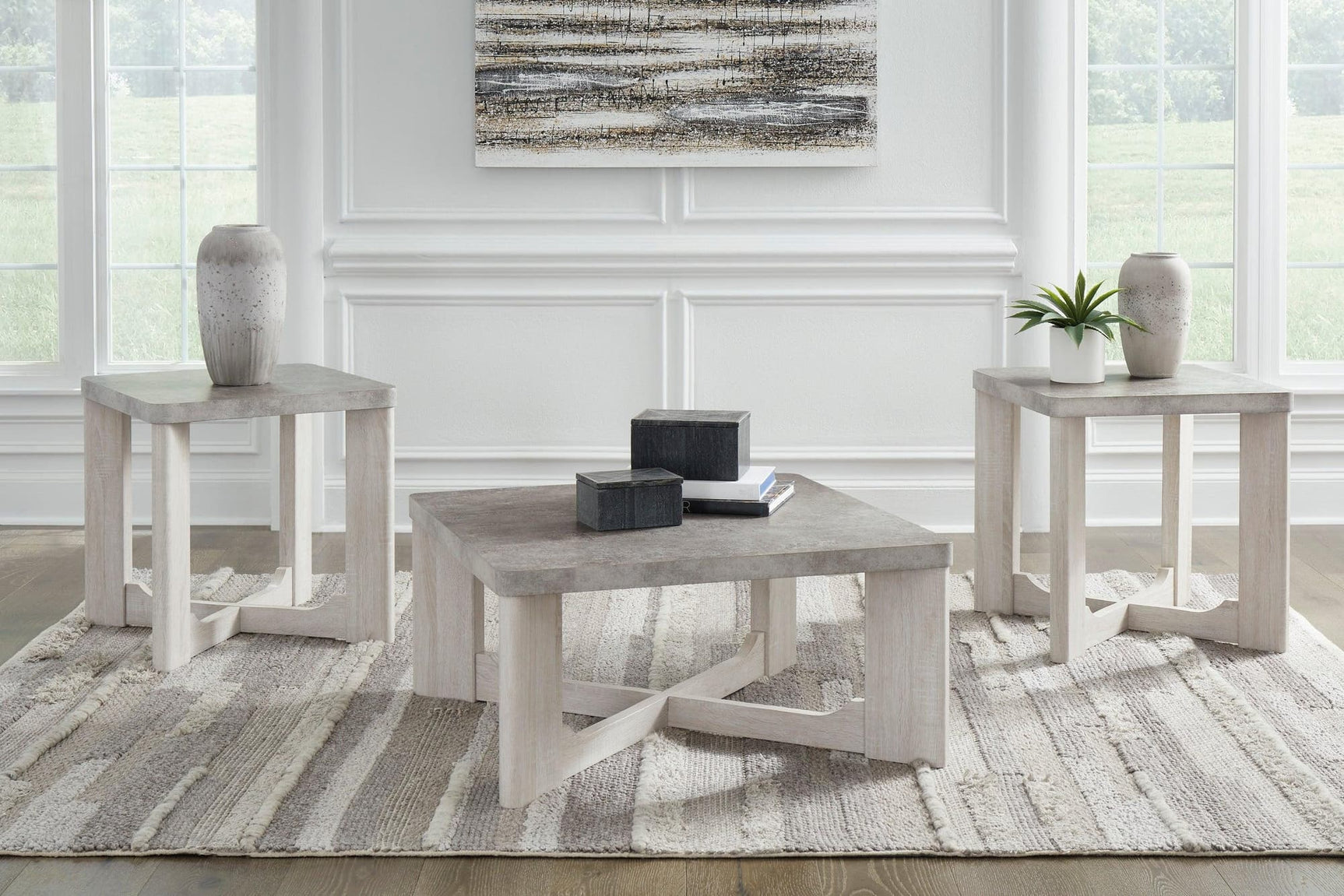 Garnilly Occasional Table Set - front angle showing cocktail and end tables