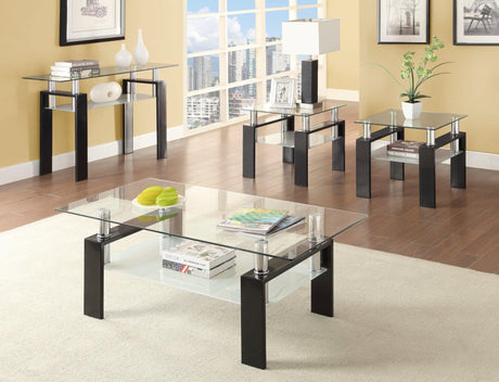Dyer black tempered glass end table with frosted glass shelf, front view