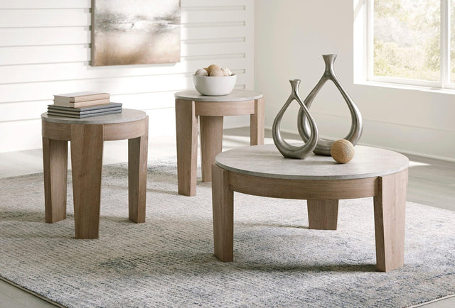 Guystone Occasional Table Set front view with light brown finish