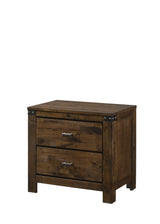 Curtis Nightstand with 2 drawers in rustic brown wood and metal, side view