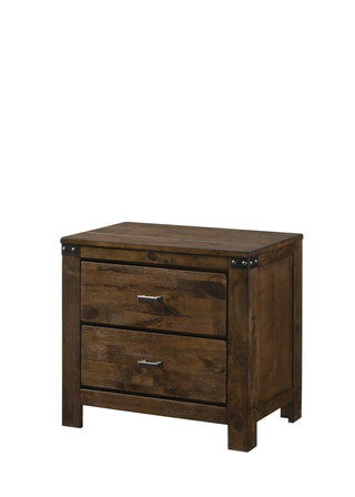 Curtis Nightstand with 2 drawers in rustic brown wood and metal, side view