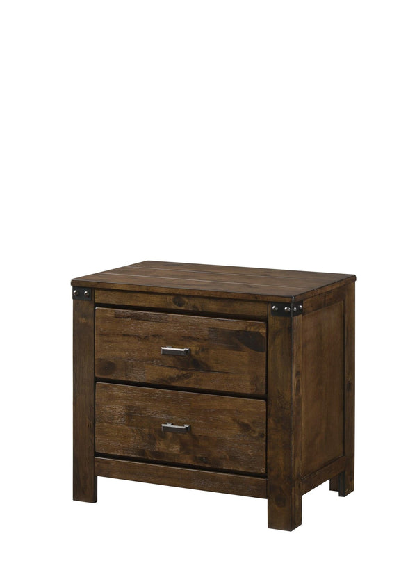 Curtis Nightstand with 2 drawers in rustic brown wood and metal, side view