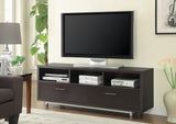 Casey 2 Drawer Rectangular TV Console in cappuccino, angled view showing drawers and compartments