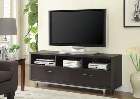 Casey 2 Drawer Rectangular TV Console in cappuccino, angled view showing drawers and compartments