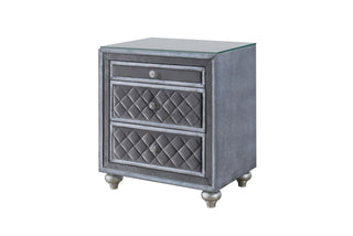 Cameo nightstand in gray fabric with wood frame and two drawers, angled side view