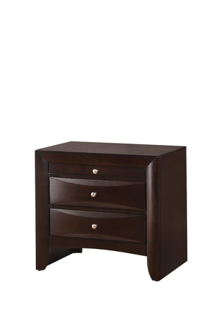Emily Night Stand in dark cherry wood showing front angle with 2 drawers and bottom shelf