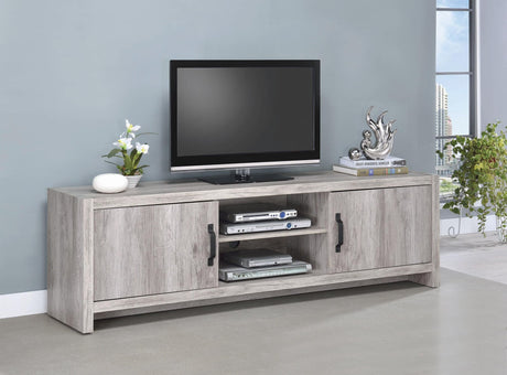Hays 2-Door TV Console in grey driftwood, front view