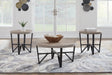 Deanlee 3-piece table set front view showing grayish brown round tabletops and black metal frames