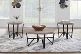Deanlee 3-piece table set front view showing grayish brown round tabletops and black metal frames