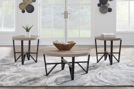 Deanlee 3-piece table set front view showing grayish brown round tabletops and black metal frames